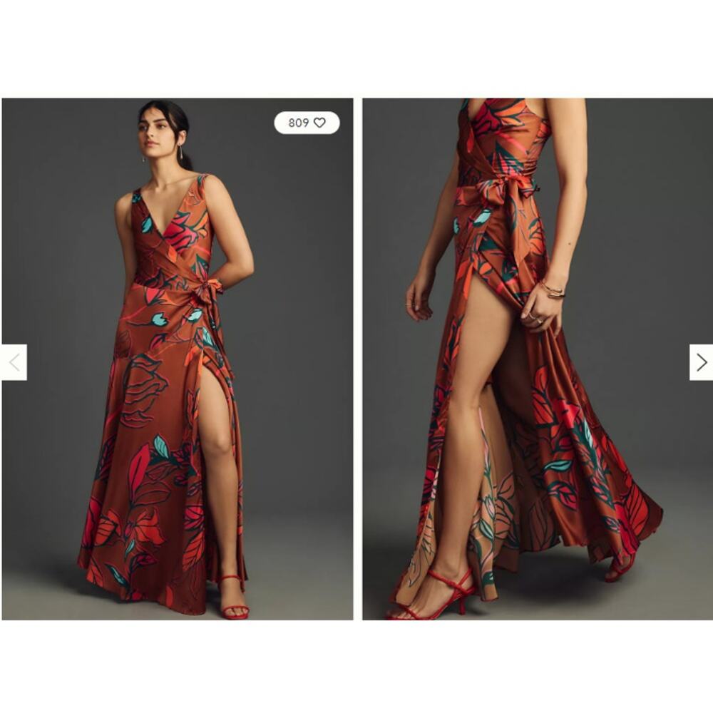 Anthropologie Hutch Mikki Brown Copper Leaf Print Satin Wrap Dress Small